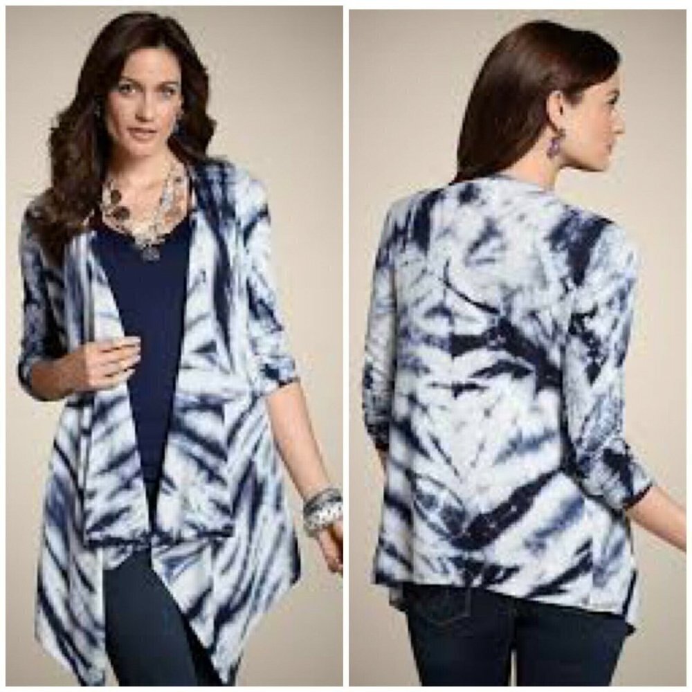 Chico's 1 Sz M Blue Tie Dye Silk Angora Cardigan Sweater Asymmetrical Womens